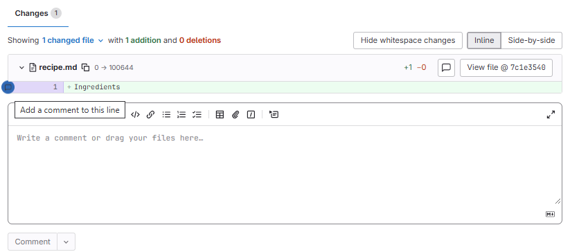 To comment on a single line of a diff, cover over the begining of the line until a blue comment icon appears.