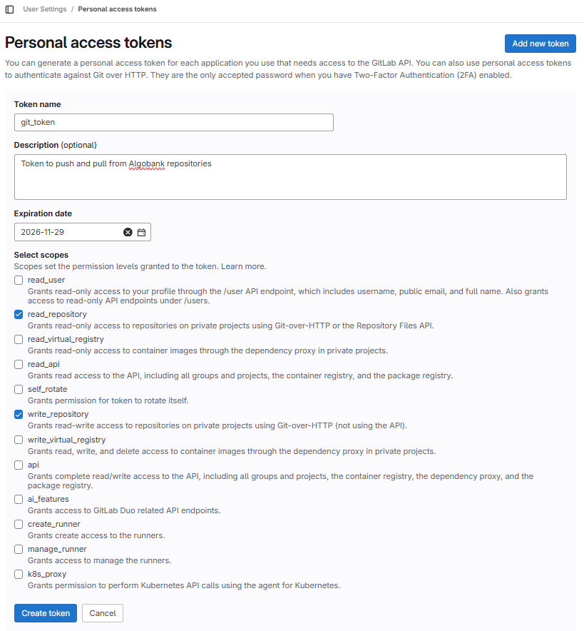 Create a personal access token with read_repository and write_repository scope