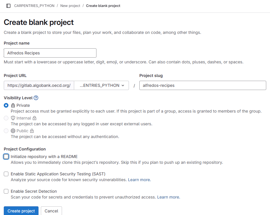 The second step in creating an Algobank project: filling out the new repository form to provide the individual repository name, and specify that a readme should not be created