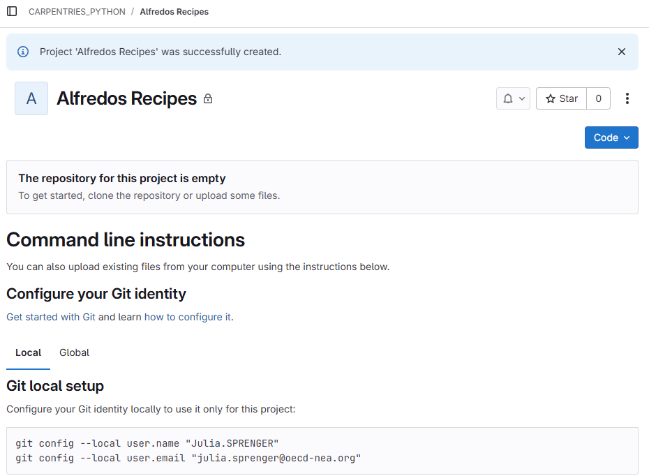 The summary page displayed by the Algobank after a new repository has been created. It contains instructions for configuring the new repository as a git remote