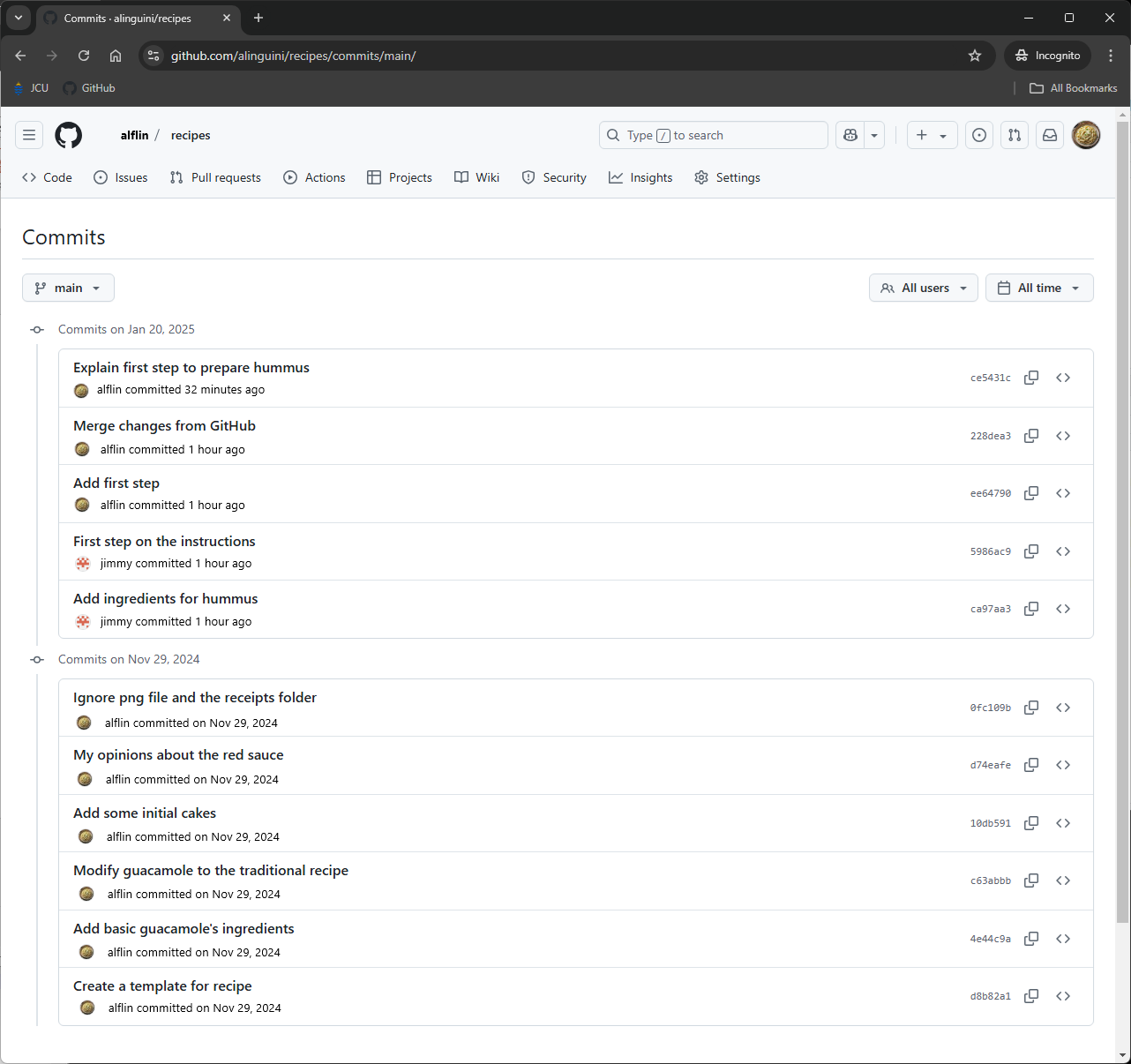 GitHub screenshot showing commit history.