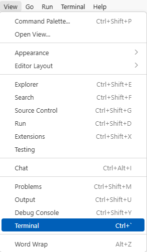 Open the terminal panel via `View` > `Terminal`